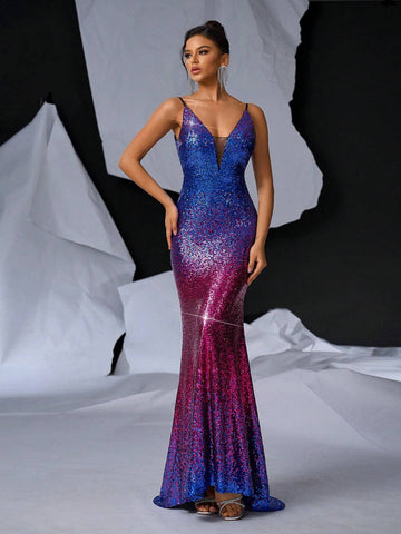 Elegant & Gorgeous Sexy Shoulder Strap V-Neck Color Gradient Sequined Slit Mermaid Dress With Glitter For Formal Evening Party