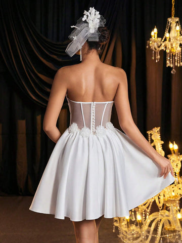 Elegant & Luxurious Bandeau Ruched Effect Backless 3D Floral Design A-Line Dress, Suitable For Weddings, Parties, Dates, Balls, Banquets, Bridal Shower