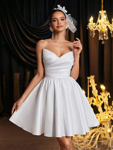 Elegant & Luxurious Bandeau Ruched Effect Backless 3D Floral Design A-Line Dress, Suitable For Weddings, Parties, Dates, Balls, Banquets, Bridal Shower