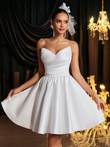 Elegant & Luxurious Bandeau Ruched Effect Backless 3D Floral Design A-Line Dress, Suitable For Weddings, Parties, Dates, Balls, Banquets, Bridal Shower