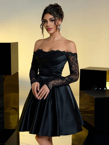 Elegant & Luxurious Black Off Shoulder Sheer Lace Contrast Satin Maxi Ruffle Dress, Suitable For Weddings, Parties, Vacations, Balls (Embellished Version)