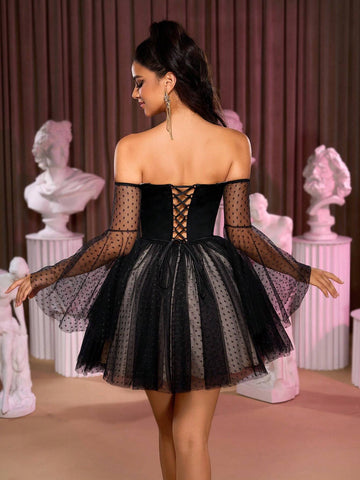 Elegant & Luxurious Black V-Neck Off Shoulder See-Through Long Sleeve Tiered & Flared Maxi Dress, Suitable For Wedding, Party, Prom, Holiday Events (Heavily Embellished)