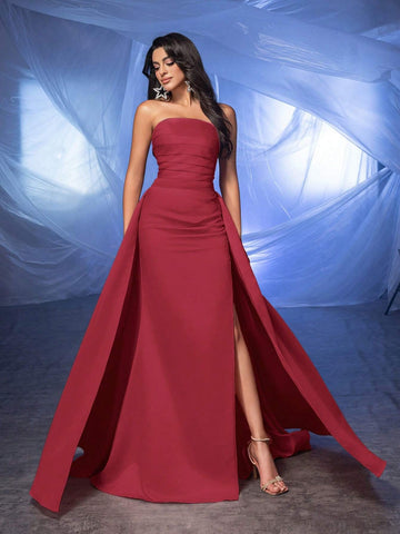 Glamrae Elegant And Gorgeous Light Pink High-Slit Strapless Fishtail Dress With Removable Train, Suitable For Prom And Evening Dresses (Luxury Version)