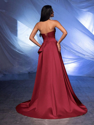 Glamrae Elegant And Gorgeous Light Pink High-Slit Strapless Fishtail Dress With Removable Train, Suitable For Prom And Evening Dresses (Luxury Version)