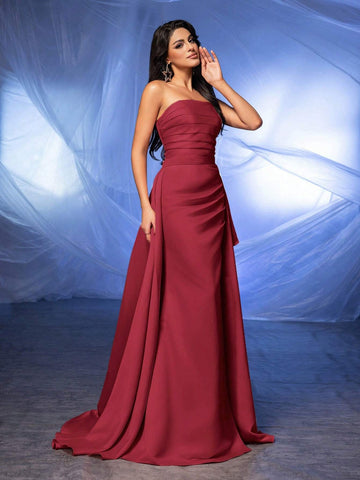 Glamrae Elegant And Gorgeous Light Pink High-Slit Strapless Fishtail Dress With Removable Train, Suitable For Prom And Evening Dresses (Luxury Version)