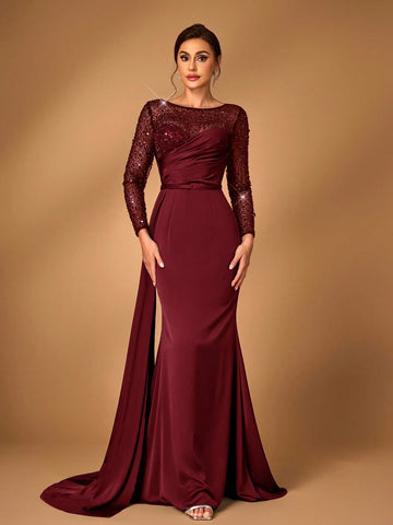 Elegant & Luxurious Navy Sheer Long Sleeve Gown With Beaded, Sequined Accents, Ruched Design, Side Draped Fishtail Hem, Mother Of The Bride Dress