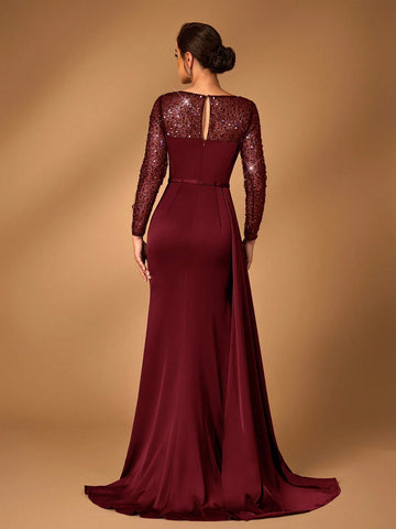 Elegant & Luxurious Navy Sheer Long Sleeve Gown With Beaded, Sequined Accents, Ruched Design, Side Draped Fishtail Hem, Mother Of The Bride Dress