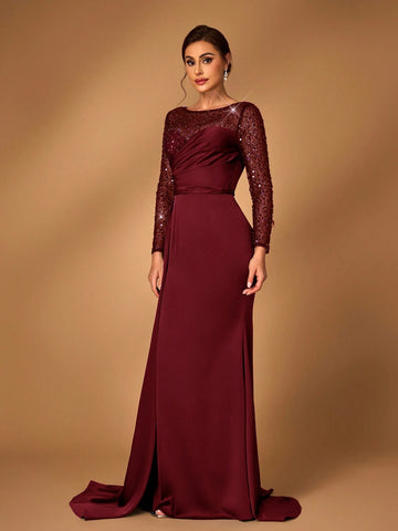 Elegant & Luxurious Navy Sheer Long Sleeve Gown With Beaded, Sequined Accents, Ruched Design, Side Draped Fishtail Hem, Mother Of The Bride Dress