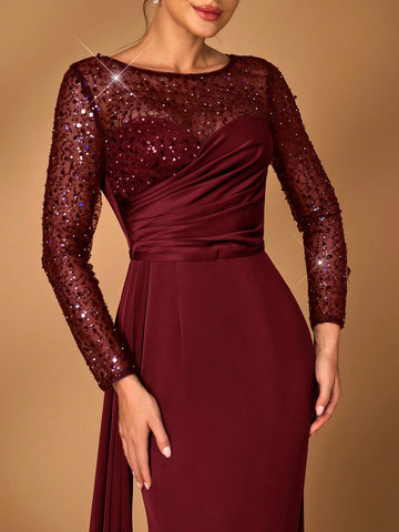 Elegant & Luxurious Navy Sheer Long Sleeve Gown With Beaded, Sequined Accents, Ruched Design, Side Draped Fishtail Hem, Mother Of The Bride Dress