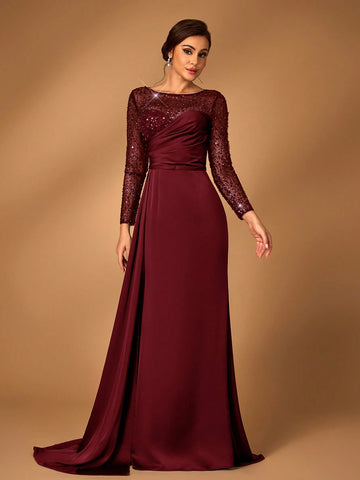 Elegant & Luxurious Navy Sheer Long Sleeve Gown With Beaded, Sequined Accents, Ruched Design, Side Draped Fishtail Hem, Mother Of The Bride Dress