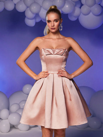 Elegant & Luxurious Peach Strapless Ruffled Collar Backless Tie Design High Waist Flared Short Dress, Suitable For Weddings, Graduation, Vacation, Bachelorette Party, Prom