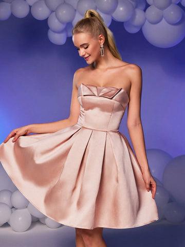 Elegant & Luxurious Peach Strapless Ruffled Collar Backless Tie Design High Waist Flared Short Dress, Suitable For Weddings, Graduation, Vacation, Bachelorette Party, Prom