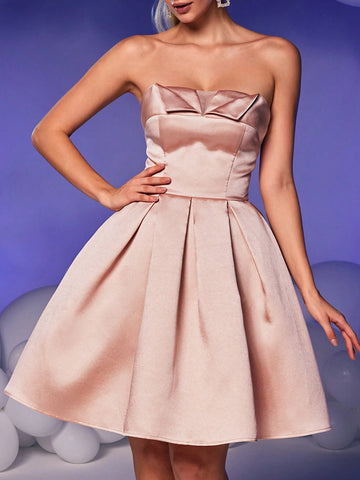 Elegant & Luxurious Peach Strapless Ruffled Collar Backless Tie Design High Waist Flared Short Dress, Suitable For Weddings, Graduation, Vacation, Bachelorette Party, Prom
