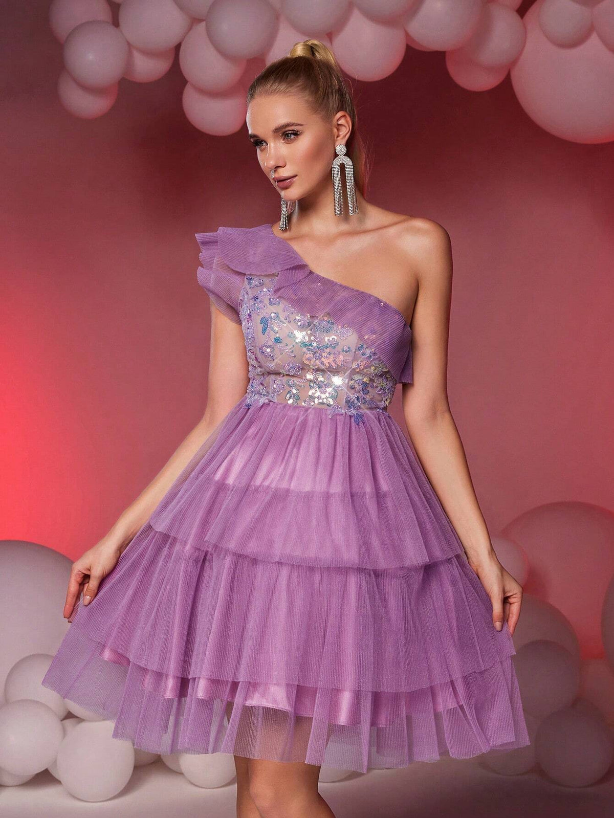 Elegant & Luxurious Purple One Shoulder Pleated Mesh Patchwork Sequin Maxi A-Line Skirt, Suitable For Wedding, Party, Graduation, Prom
