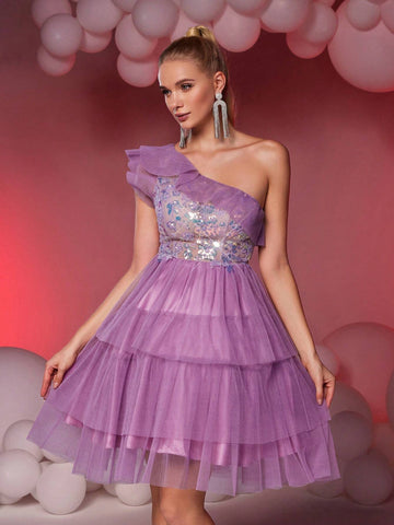 Elegant & Luxurious Purple One Shoulder Pleated Mesh Patchwork Sequin Maxi A-Line Skirt, Suitable For Wedding, Party, Graduation, Prom