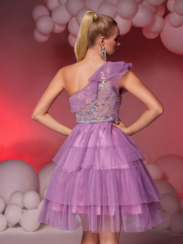 Elegant & Luxurious Purple One Shoulder Pleated Mesh Patchwork Sequin Maxi A-Line Skirt, Suitable For Wedding, Party, Graduation, Prom