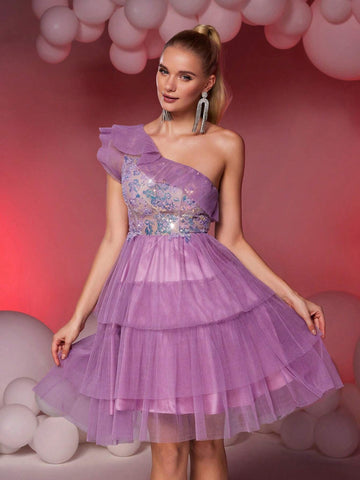 Elegant & Luxurious Purple One Shoulder Pleated Mesh Patchwork Sequin Maxi A-Line Skirt, Suitable For Wedding, Party, Graduation, Prom