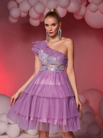 Elegant & Luxurious Purple One Shoulder Pleated Mesh Patchwork Sequin Maxi A-Line Skirt, Suitable For Wedding, Party, Graduation, Prom