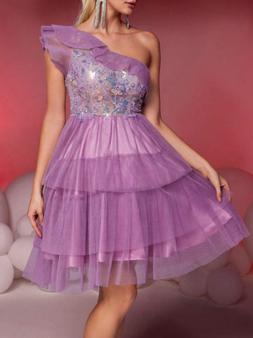 Elegant & Luxurious Purple One Shoulder Pleated Mesh Patchwork Sequin Maxi A-Line Skirt, Suitable For Wedding, Party, Graduation, Prom