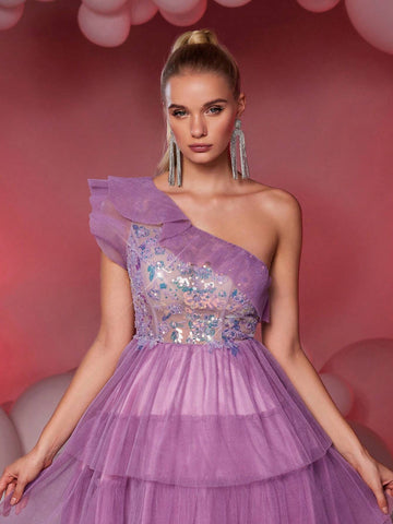 Elegant & Luxurious Purple One Shoulder Pleated Mesh Patchwork Sequin Maxi A-Line Skirt, Suitable For Wedding, Party, Graduation, Prom