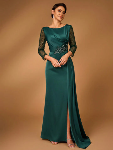 Elegant & Luxurious Women's A-Line Lace Mesh Embroidered Pearl & Sequin Splice V-Neck Asymmetrical Ruched Sheer Long Sleeve Fishtail Waist Beaded Decoration Dress Suitable For Formal Wedding, Mother's Day Events, Bride Mother Dress Mother's Evening Dress