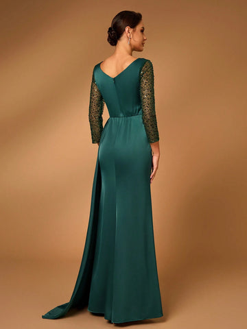 Elegant & Luxurious Women's A-Line Lace Mesh Embroidered Pearl & Sequin Splice V-Neck Asymmetrical Ruched Sheer Long Sleeve Fishtail Waist Beaded Decoration Dress Suitable For Formal Wedding, Mother's Day Events, Bride Mother Dress Mother's Evening Dress