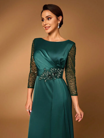 Elegant & Luxurious Women's A-Line Lace Mesh Embroidered Pearl & Sequin Splice V-Neck Asymmetrical Ruched Sheer Long Sleeve Fishtail Waist Beaded Decoration Dress Suitable For Formal Wedding, Mother's Day Events, Bride Mother Dress Mother's Evening Dress