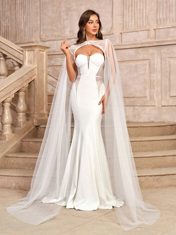 Elegant & Romantic 2pcs Luxurious Beaded Mesh & Chiffon Coat With Bodycon Mermaid Tail Wedding Dress