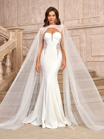Elegant & Romantic 2pcs Luxurious Beaded Mesh & Chiffon Coat With Bodycon Mermaid Tail Wedding Dress