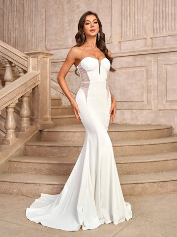 Elegant & Romantic 2pcs Luxurious Beaded Mesh & Chiffon Coat With Bodycon Mermaid Tail Wedding Dress