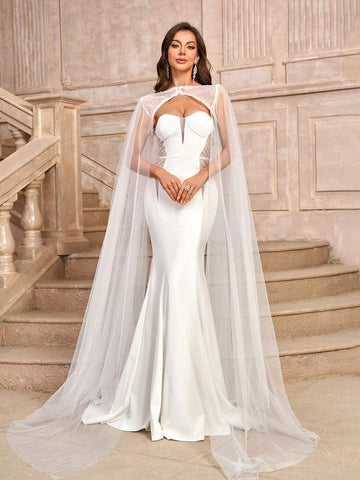 Elegant & Romantic 2pcs Luxurious Beaded Mesh & Chiffon Coat With Bodycon Mermaid Tail Wedding Dress