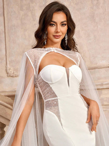 Elegant & Romantic 2pcs Luxurious Beaded Mesh & Chiffon Coat With Bodycon Mermaid Tail Wedding Dress