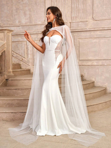 Elegant & Romantic 2pcs Luxurious Beaded Mesh & Chiffon Coat With Bodycon Mermaid Tail Wedding Dress
