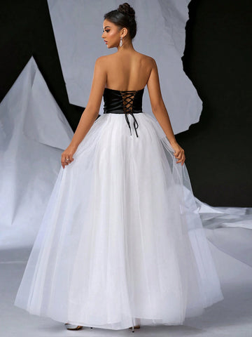Elegant & Romantic Black & White Strapless High Waist Dress With Decorative Neckline, Satin Top And Multi-Layered Mesh Skirt Overlay For Women (Heavyweight)