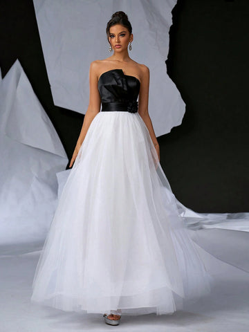 Elegant & Romantic Black & White Strapless High Waist Dress With Decorative Neckline, Satin Top And Multi-Layered Mesh Skirt Overlay For Women (Heavyweight)