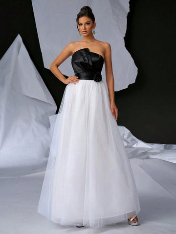 Elegant & Romantic Black & White Strapless High Waist Dress With Decorative Neckline, Satin Top And Multi-Layered Mesh Skirt Overlay For Women (Heavyweight)