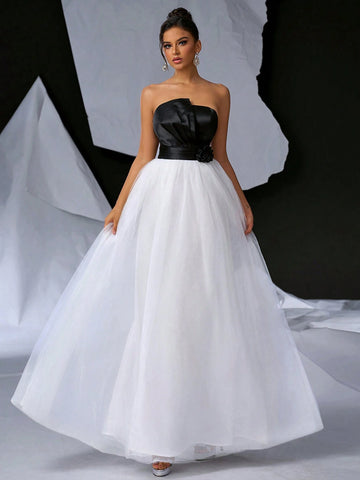 Elegant & Romantic Black & White Strapless High Waist Dress With Decorative Neckline, Satin Top And Multi-Layered Mesh Skirt Overlay For Women (Heavyweight)
