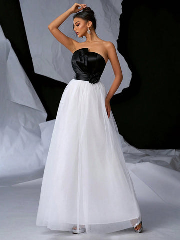 Elegant & Romantic Black & White Strapless High Waist Dress With Decorative Neckline, Satin Top And Multi-Layered Mesh Skirt Overlay For Women (Heavyweight)