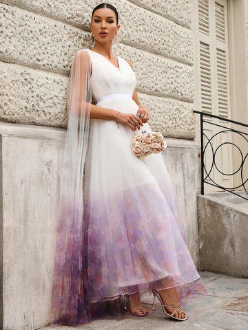 Elegant & Romantic Flower Pattern Printed Gradient V-Neck Sleeveless Wedding Dress