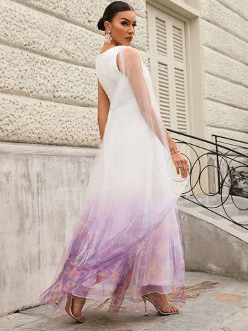 Elegant & Romantic Flower Pattern Printed Gradient V-Neck Sleeveless Wedding Dress