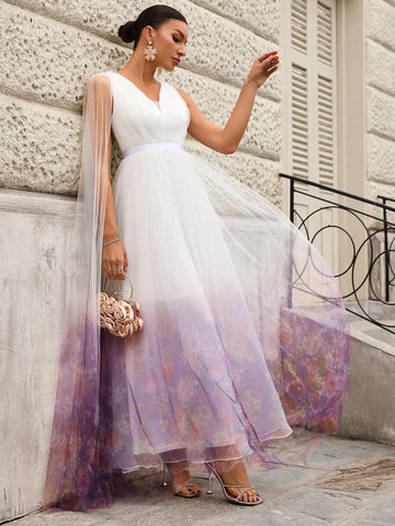 Elegant & Romantic Flower Pattern Printed Gradient V-Neck Sleeveless Wedding Dress