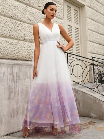 Elegant & Romantic Flower Pattern Printed Gradient V-Neck Sleeveless Wedding Dress