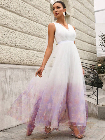Elegant & Romantic Flower Pattern Printed Gradient V-Neck Sleeveless Wedding Dress