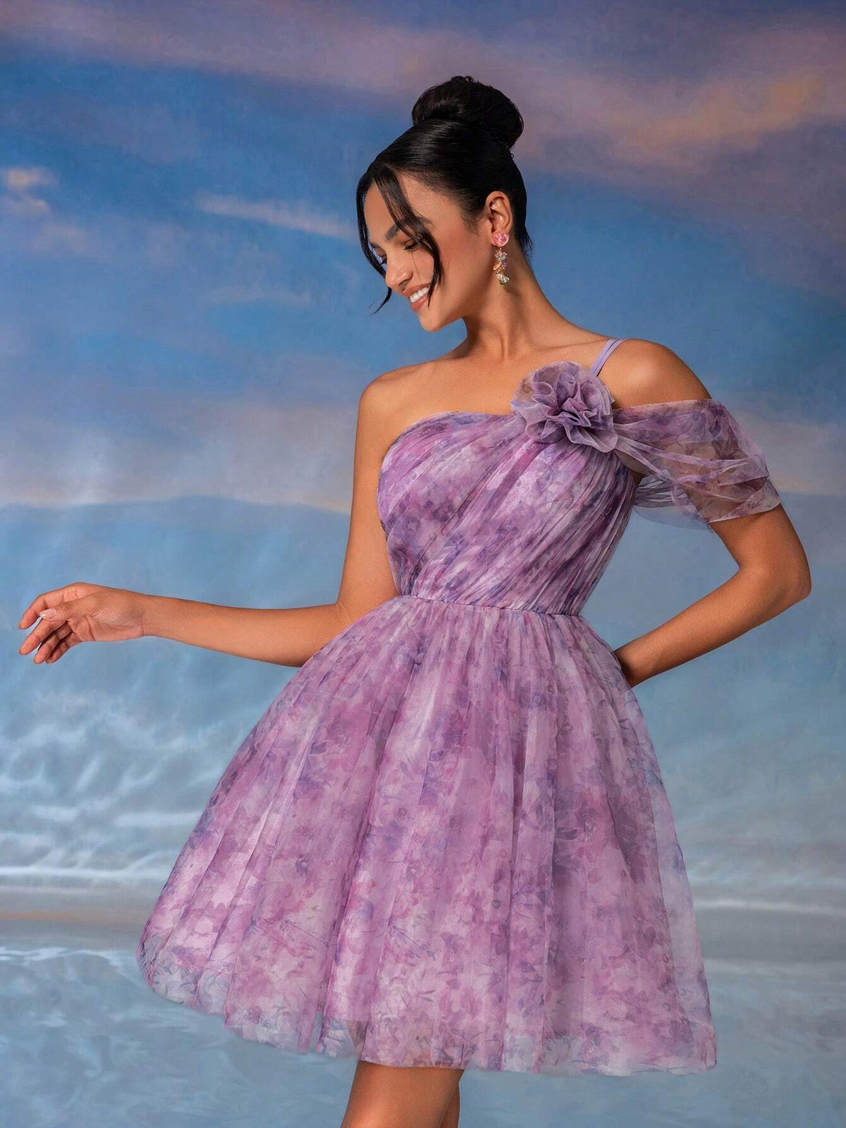 Elegant & Romantic Purple Printed Mesh Dress With 3D Flower, Shirring Decoration On Shoulder, High Waist, A-Line, Umbrella Hemline, Suitable For Graduation Party, Afternoon Tea, Date, Cocktail Party