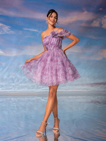 Elegant & Romantic Purple Printed Mesh Dress With 3D Flower, Shirring Decoration On Shoulder, High Waist, A-Line, Umbrella Hemline, Suitable For Graduation Party, Afternoon Tea, Date, Cocktail Party