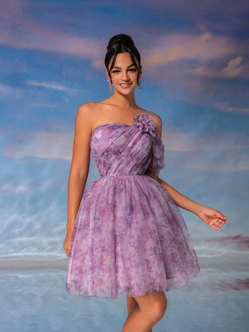 Elegant & Romantic Purple Printed Mesh Dress With 3D Flower, Shirring Decoration On Shoulder, High Waist, A-Line, Umbrella Hemline, Suitable For Graduation Party, Afternoon Tea, Date, Cocktail Party