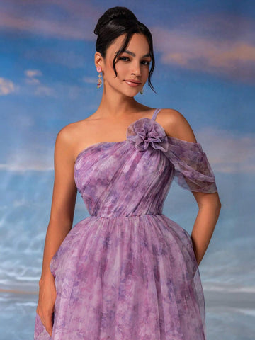 Elegant & Romantic Purple Printed Mesh Dress With 3D Flower, Shirring Decoration On Shoulder, High Waist, A-Line, Umbrella Hemline, Suitable For Graduation Party, Afternoon Tea, Date, Cocktail Party