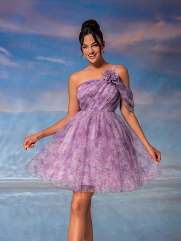 Elegant & Romantic Purple Printed Mesh Dress With 3D Flower, Shirring Decoration On Shoulder, High Waist, A-Line, Umbrella Hemline, Suitable For Graduation Party, Afternoon Tea, Date, Cocktail Party