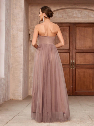 Elegant & Romantic Strapless Lace Overlay Dress With Mesh Skirt, Bridesmaid Dress
