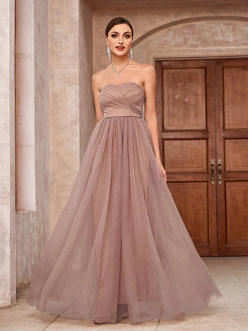 Elegant & Romantic Strapless Lace Overlay Dress With Mesh Skirt, Bridesmaid Dress